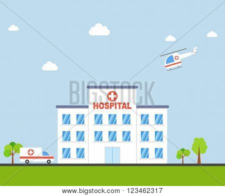 City Hospital building with ambulance and helicopter in flat design. Clinic Vector Illustration.