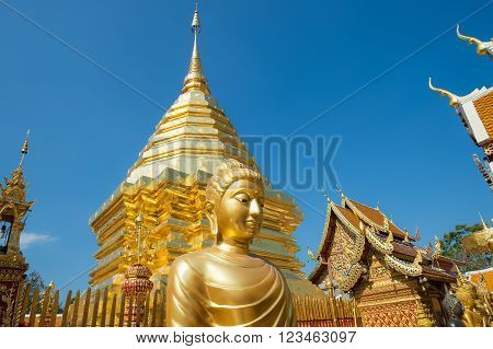 The golden stupa at Wat Phra That Doi Suthep in Chiang Mai. This Buddhist temple founded in 1383 is the most famous in Chiang Mai.