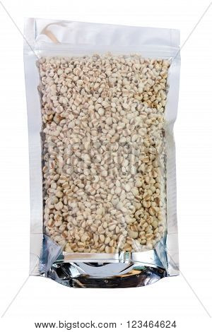 Millet rice in packaging foil zip lock bag. Isolated on white with clipping paths.