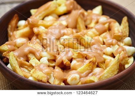Poutine traditional homemade Canadian meal with fries, curd cheese, beer and gravy on vintage wooden table background. Close up view.