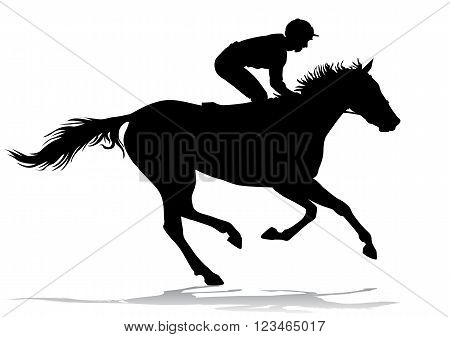 Jockey riding a horse. Horse races. Competition. Silhouettes on a white background.