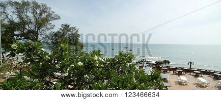 The view from the cafe on the sea on a Sunny day.