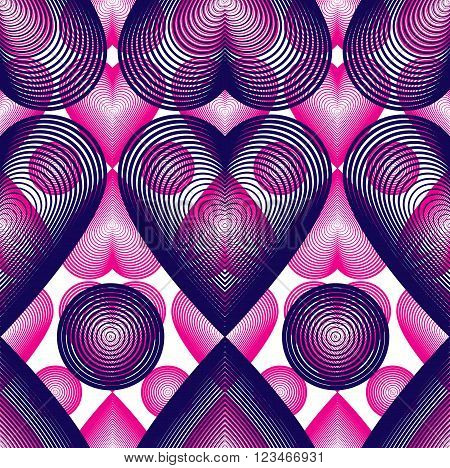 Bright symmetric seamless pattern with overlapping decorative hearts art transparent background. Romantic theme endless composition for use in graphic design.