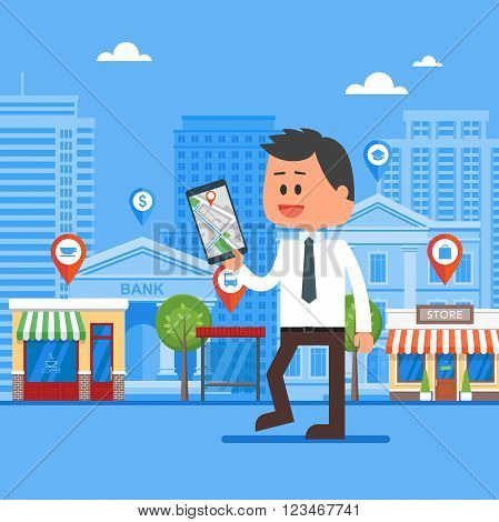Mobile navigation concept vector illustration. Man holding smartphone with gps city map on screen and route. Check-in symbols. Flat design.