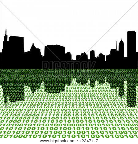 Skyline di Chicago riflessa con testo binario illustrazione JPEG