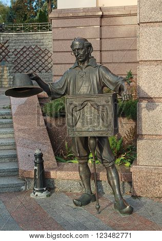 Kiev Ukraine - October 02 2015: Bronze statue of character from fairy tale Papa Carlo near the Academic puppet theater