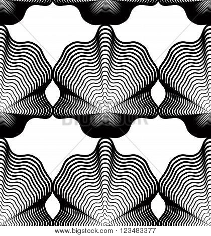 Continuous vector pattern with black graphic lines decorative abstract background with geometric figures. Monochrome ornamental seamless backdrop can be used for design and textile.