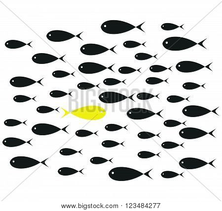 Yellow Fish swim opposite upstream the ton of black fish isolated on white background illustration