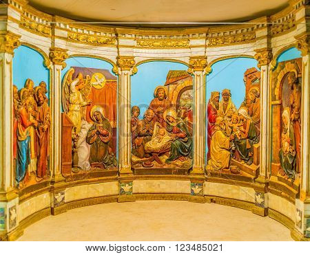 BETHLEHEM, PALESTINE - FEBRUARY 18, 2016: The beautiful tableau with Bible scenes located in altar on February 18 in Bethlehem.