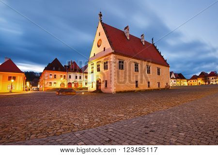 BARDEJOV, SLOVAKIA - MARCH 19, 2016: City hall in the main square of UNESCO listed medieval town of Bardejov in eastern Slovakia, on March 19, 2016.