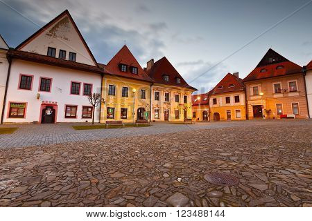 BARDEJOV, SLOVAKIA - MARCH 19, 2016: Town houses in the main square of UNESCO listed medieval town of Bardejov in eastern Slovakia, on March 19, 2016.