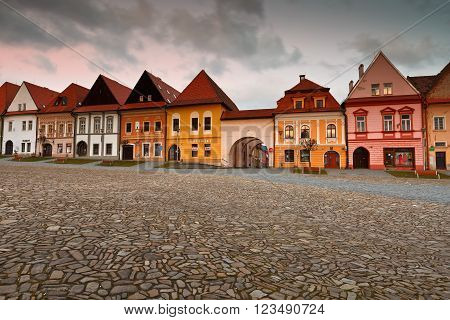 BARDEJOV, SLOVAKIA - MARCH 19, 2016: Town houses in the main square of UNESCO listed medieval town of Bardejov in eastern Slovakia, on March 19, 2016.