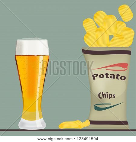 pack of chips and glass of beer vector illustration