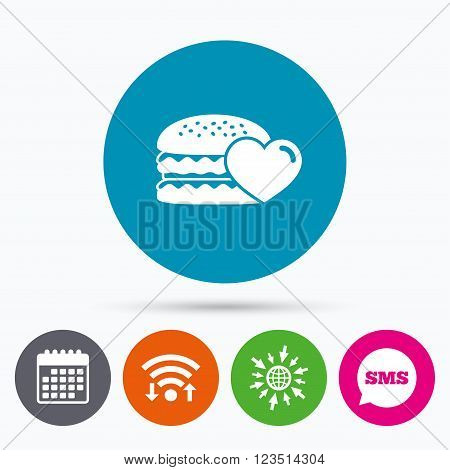 Wifi, Sms and calendar icons. Hamburger icon. Burger food symbol. Cheeseburger sandwich sign. Go to web globe.