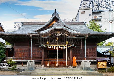 MATSUMOTO JAPAN - NOVEMBER 21 2015: Yohashira Jinja shrine founded in Meiji period facing the Nawate street a tourist attractions in Matsumoto City