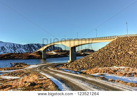 Winter time along the Fredvang Bridges in the Lofoten Islands, Norway.
