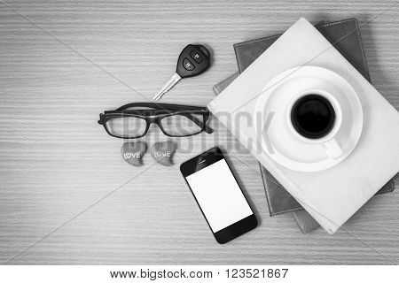 wooden working table with tools for work.black and white tone coiour