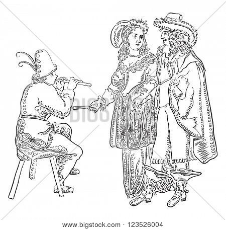 Pen drawings by the Chevalier de Berny, seventeenth century, vintage engraved illustration. Magasin Pittoresque 1857.
