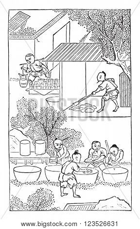 Wash the soft earth of kaolin, vintage engraved illustration. Magasin Pittoresque 1857.