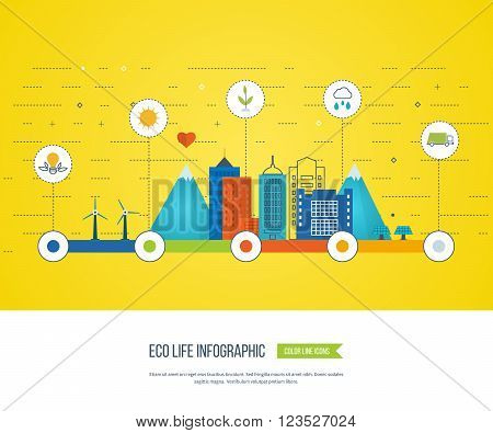 Green eco city and eco life infographic. Modern energy safety. Ecology concept
