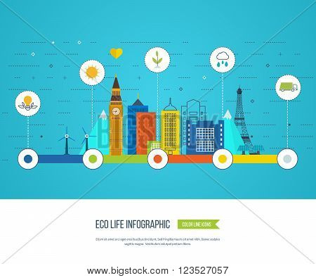 Green eco city and eco life infographic. Modern energy safety. Ecology concept