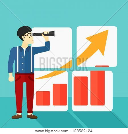 Man looking at positive bar chart.