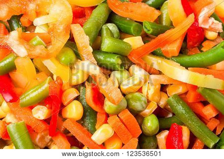 Mexican Mix of Vegetables. Tomatoes, Beans, Celery Root, Green Beans, Peas, Corn. Dietary Food.