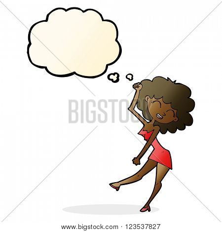 cartoon dancing woman with thought bubble