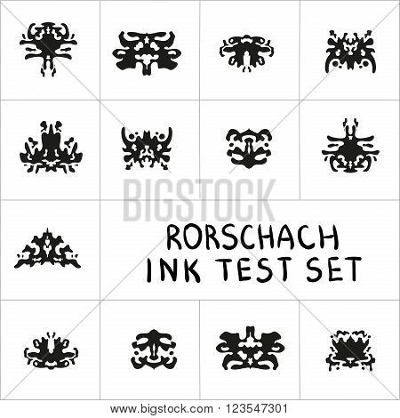 Ink Rorschach test set. Ink-bloat psychology vector collection.