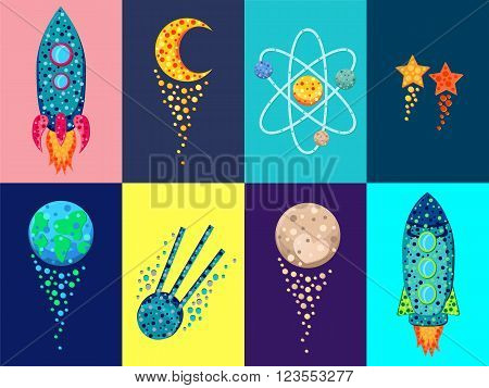 Space Flat Spaceship Star Moon Planet Cosmic Cartoon 1