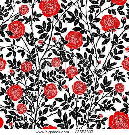 Seamless texture in the form of red roses with black stems