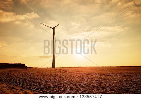 Modern Wind Turbines Producing Energy In Suny Spring Morning. Vintage Toned Effect