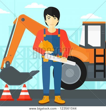 Engineer with hard hat and blueprint.