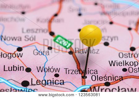 Photo of pinned Trzebnica on a map of Poland. May be used as illustration for traveling theme.