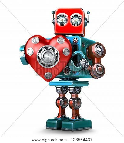 Cute 3d Retro Robot obot with red heart. 3D illustration. Isolated. Contains clipping path