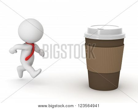 3D character wearing red tie running toward a large coffee cup. Isolated on white background.