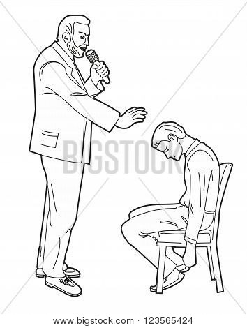 Hypnotist hypnotizes man Black vector illustration isolated on white background