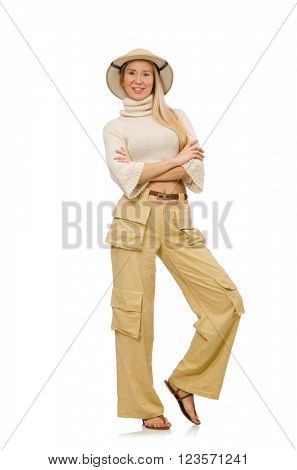 Pretty woman in beige trousers isolated on white