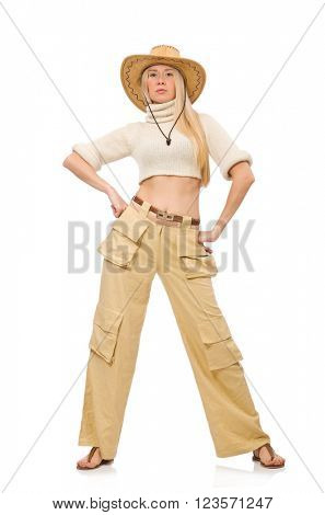 Pretty woman in beige trousers isolated on white