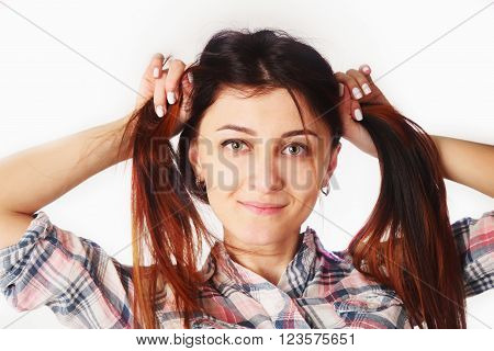 young beautiful woman making herself hairstyle (funny pictires)