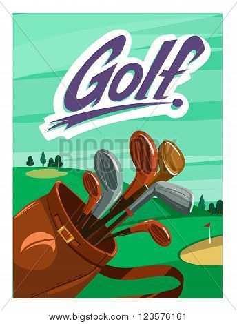 Golf tournament poster. Cartoon vector illustration with golf clubs and bag