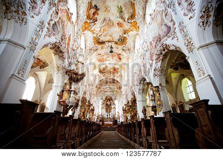 ROTTENBUCH GERMANY - JUNE 18: Interior of the Rottenbuch Abbey church (Kloster Rottenbuch) in romanesque style on june 18 2013 in Rottenbuch Germany.