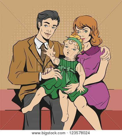 Photo Portrait of family. Father, mother and daughter. Retro cartoon illustration in vector format