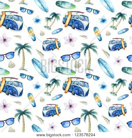 Hand drawn watercolor ocean surfing set. Beach holiday tropical travel adventure. Island with palm retro car wagon bus surfboard sunglasse shell and flower hibiscus. Watercolour sea sport activity.