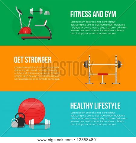 Fitness training and gym club concept set. fitness center banners. Fitness equipment. Gym concept. Fitness concept. Vector Sport background. Fitness and a healthy lifestyle concept. Sport inventory.