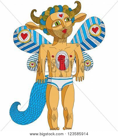 Vector hand drawn graphic illustration of weird creature cartoon nude man with fist and wings animal side of human being. Idol concept aggression allegory drawing.