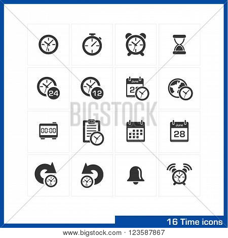 Date and time icons set. Vector black pictograms for business, management, web, internet, computer and mobile apps, interface design. clock, alarm, bell and calendar symbols