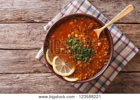 Thick Moroccan Soup In A Bowl On The Table. Horizontal View From Above
