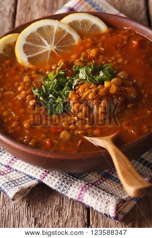 Arabic Cuisine: Harira Soup In A Bowl Close-up. Vertical