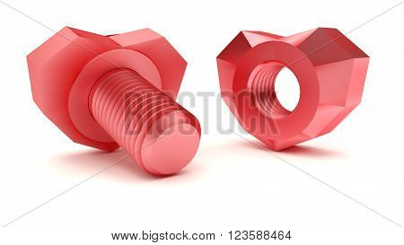 Heart shape of nut and bolt. Love concept. 3d illustration